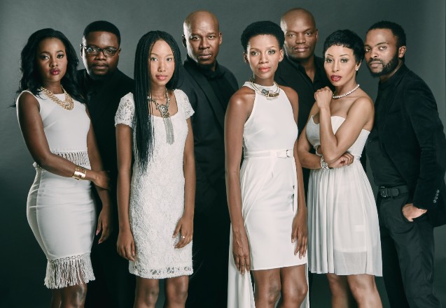 From left to right: Oumhle Gela as Andile, Mzwandile Ngubeni as Vuyo, Fezeka Ndlazilwana as Phindile, Hamilton Dhlamini as Mnqobi, Nokuthula Ledwaba as Dumile, Daniel Hadebe as Spikiri, Khanyi Mbau as Palesa and Phumello Nkosi as Mthandeni.